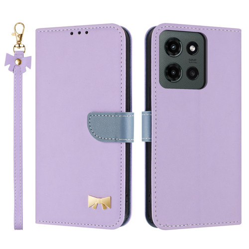 Moto G 2025 Metal Bow Leather Phone Case with Hand Strap - Purple
